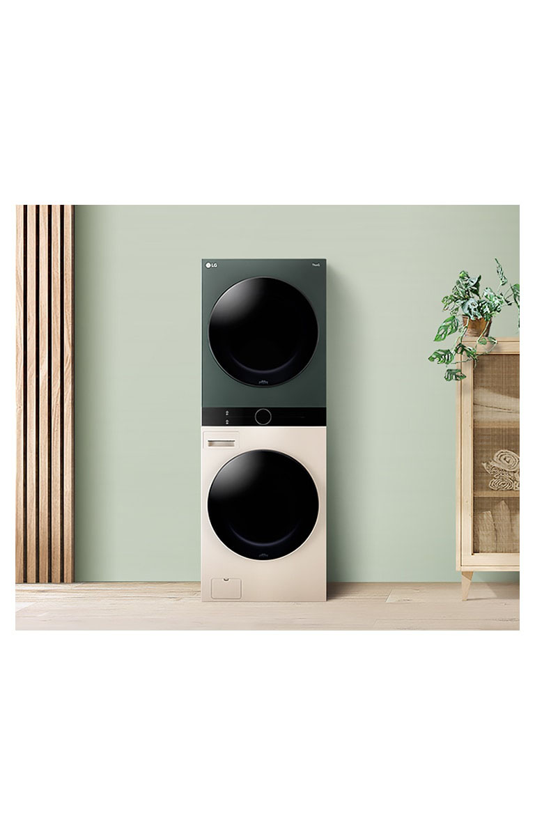 It shows LG WashTower stood in laundry room.