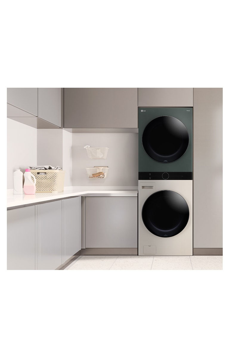 It shows LG WashTower stood in utility room.