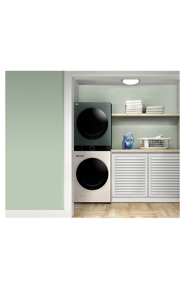 It shows compact LG WashTower placed in the small utility room.