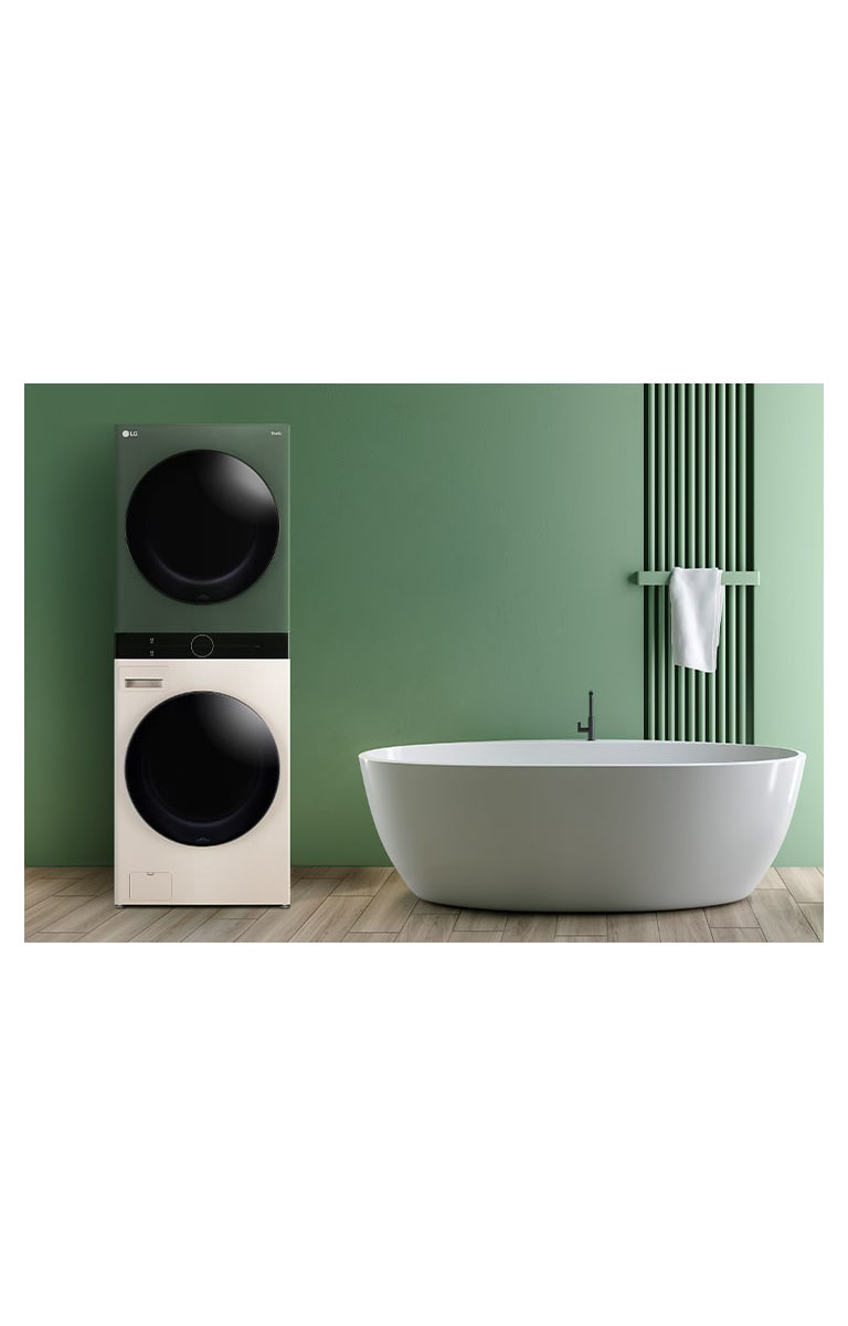 It shows WashTower placed in the green tone bath room.