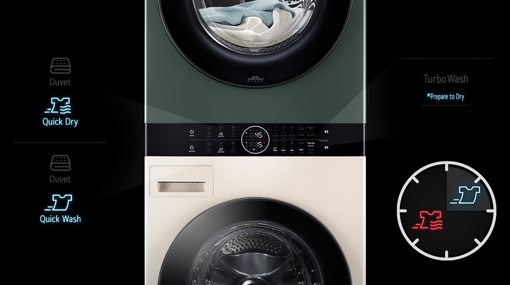 WashTower is placed in the center, and the Quick Wash & Quick Dry & Prepare to Dry icons are highlighted around it.