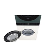 LG 14/10kg AI DD™ Front Load WashTower™, Left side view (with the inside of the drums and some buttons on the center panel light on), WT1410NHEG, thumbnail 4