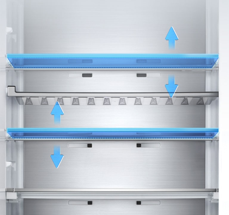 Vue intérieure du réfrigérateur LG (GBBS726CEV) avec cinq étagères et niveaux de hauteur réglables, indiqués par des flèches bleues représentant le mouvement vertical.