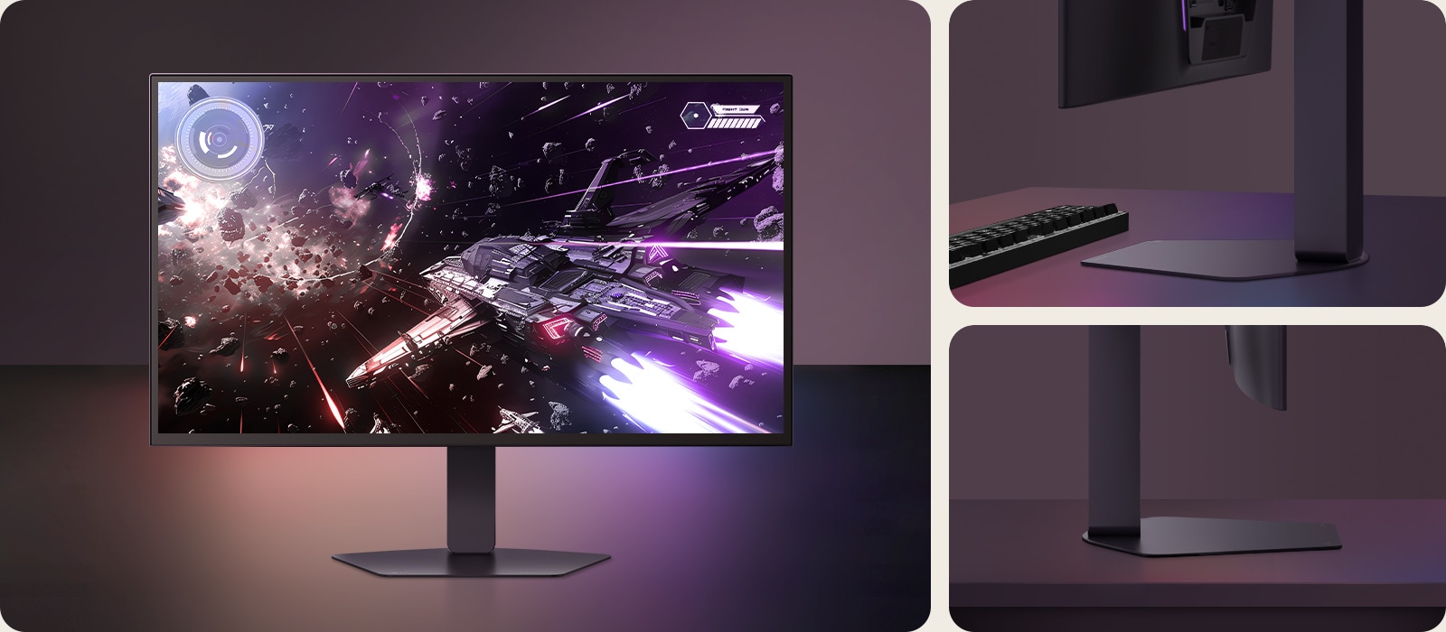 Moniteur pour jeu LG UltraGear 27GX790B affiché sur un bureau, montrant une scène de bataille spatiale avec un vaisseau activant ses propulseurs. À droite, deux gros plans mettent en valeur le design de support fin et les détails de la base du moniteur, mettant l’accent sur son encombrement minimal et son profil élégant.