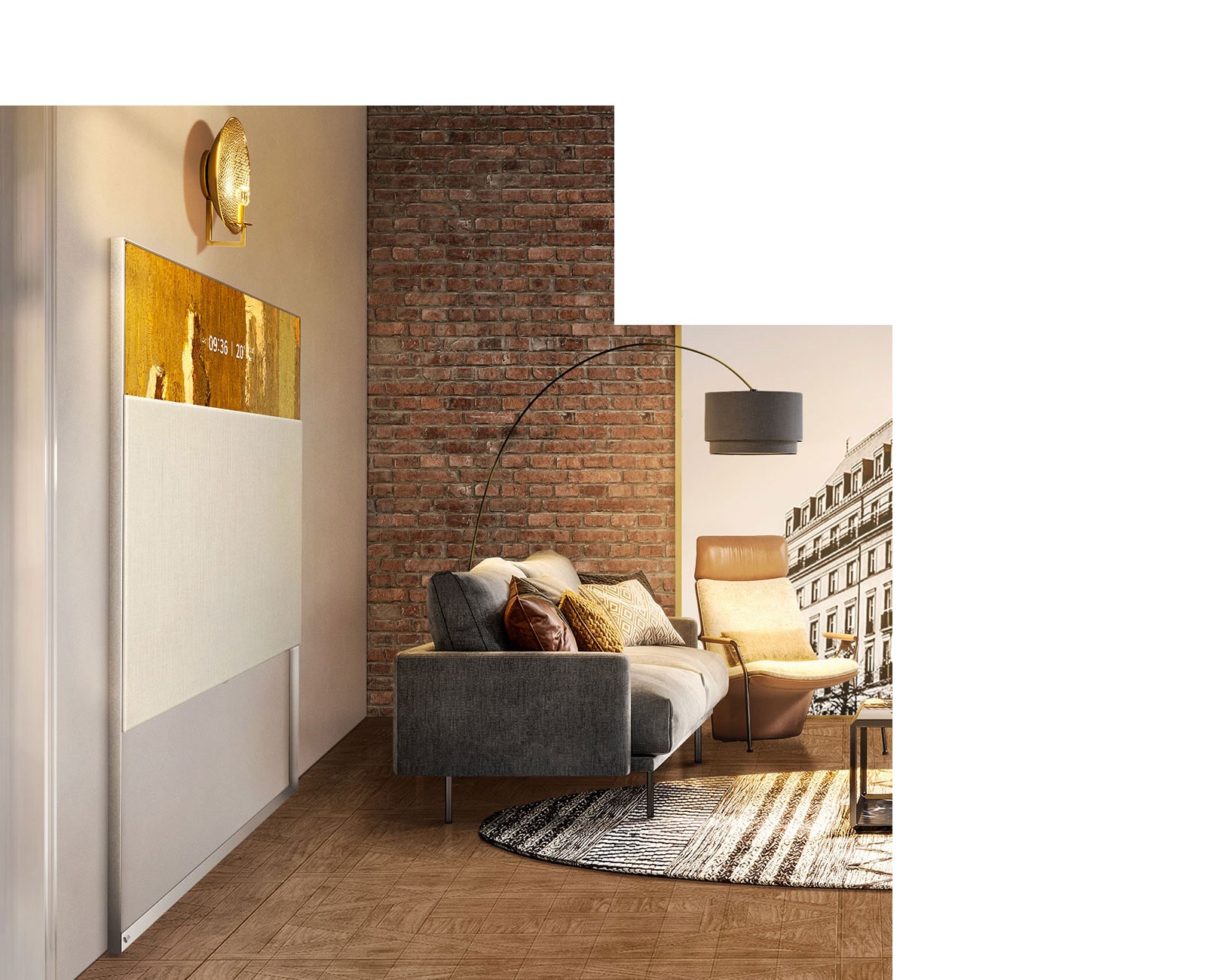 EASEL vu de côté, au ras du mur, se fondant avec la décoration du salon.