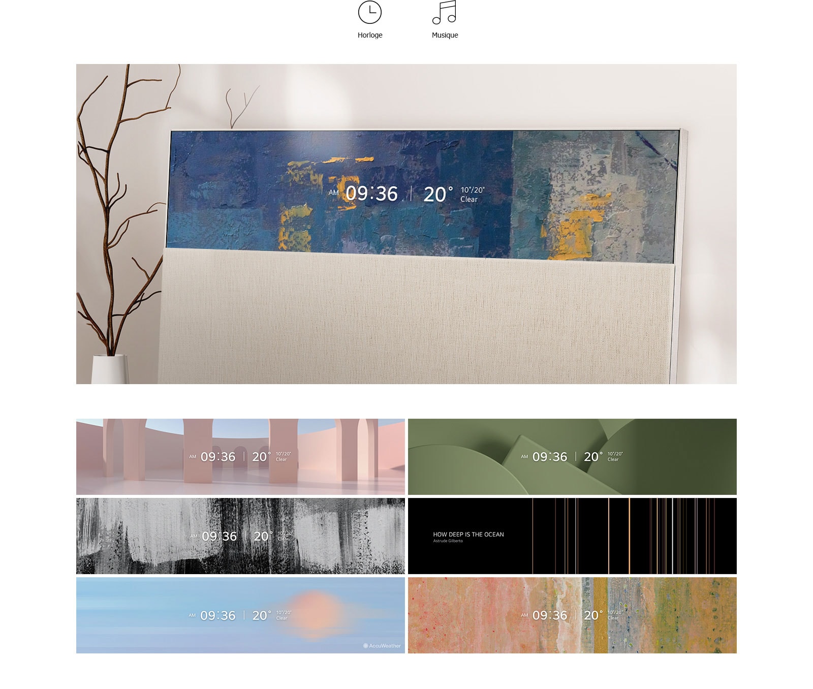 Gros plan d’EASEL appuyé contre le mur alors que le mode Line View affiche l’heure et la météo avec un thème de peinture à l’huile texturé à l’écran. Mode Line View affichant l’heure et la météo avec un thème architectural rose. Mode Line View affichant l’heure et la météo avec un thème de coups de pinceau en noir et blanc. Mode Line View affichant l’heure et la météo avec un thème du ciel. Mode Line View affichant l’heure et la météo avec un thème d’objet 3D vert kaki. Mode Line View affichant le lecteur de musique avec un thème de motif de ligne. Mode Line View affichant l’heure et la météo avec un thème de peinture colorée.