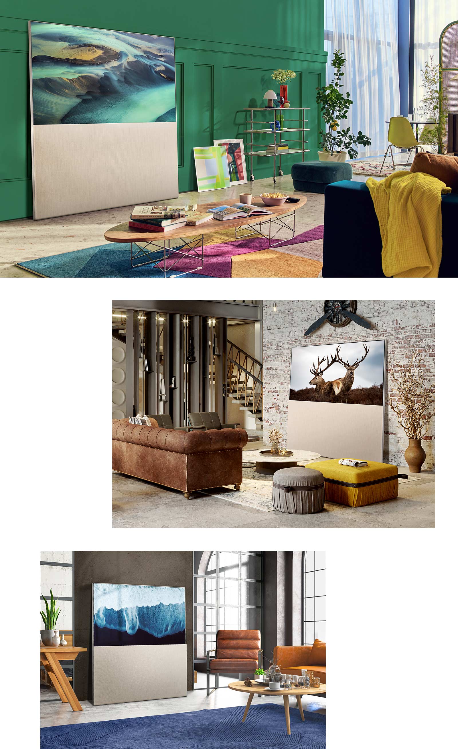 EASEL en mode Full View qui se fond dans le décor de trois salons. EASEL affiche des dunes de sable sur l’écran appuyé contre un mur vert entouré d’objets colorés. EASEL affiche des cerfs sur l’écran appuyé contre un mur de briques en face d’un canapé en cuir. EASEL affiche des vagues qui se brisent sur l’écran dans un intérieur d’inspiration industrielle.