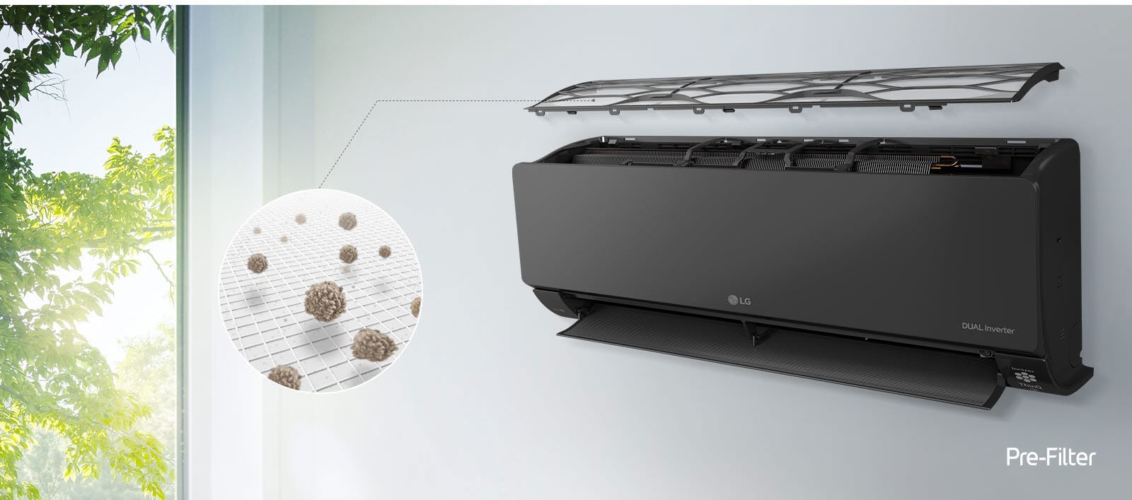 Le climatiseur LG est installé sur le mur et vu de côté. Le panneau supérieur est flottant et peut laisser apparaître les filtres intérieurs. Une ligne partant du préfiltre mène à un cercle agrandi présentant la poussière retenue au niveau du préfiltre. Le logo du préfiltre est visible dans le coin inférieur droit.