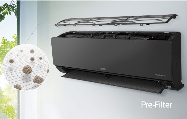 Le climatiseur LG est installé sur le mur et vu de côté. Le panneau supérieur est flottant et peut laisser apparaître les filtres intérieurs. Une ligne partant du préfiltre mène à un cercle agrandi présentant la poussière retenue au niveau du préfiltre. Le logo du préfiltre est visible dans le coin inférieur droit.