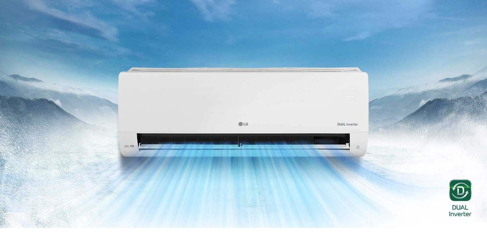 L’arrière-plan présente un paysage de montagne enneigée. La vue de face du climatiseur est au premier plan et de l’air s’échappe de l’appareil. Le logo de LG se trouve au centre de l’appareil, tandis que les logos Dual Inverter, ThinQ et le celui de la Garantie 10 ans Dual Inverter sont visibles sur les côtés de la façade. Le panneau indiquant la qualité de l’air est allumé en vert sur le côté droit. Le logo Dual Inverter se trouve dans le coin inférieur droit de la vidéo.