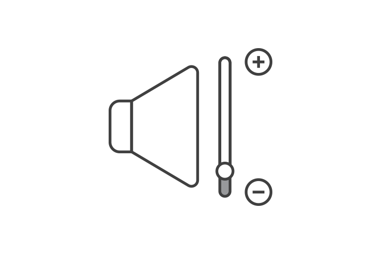 Une icône avec un haut-parleur à gauche et des symboles +, - à droite, avec la barre abaissée à -. Elle représente de faibles niveaux sonores.