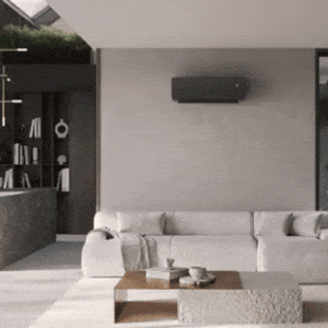 Un climatiseur LG avec un design premium à l’apparence épurée moderne se fond dans un salon élégant et rafraîchit l’espace.	