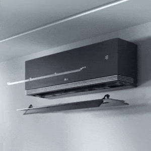 Animation d’un climatiseur LG mettant en évidence la fonctionnalité Dual Vane pour un contrôle précis du flux d’air.	