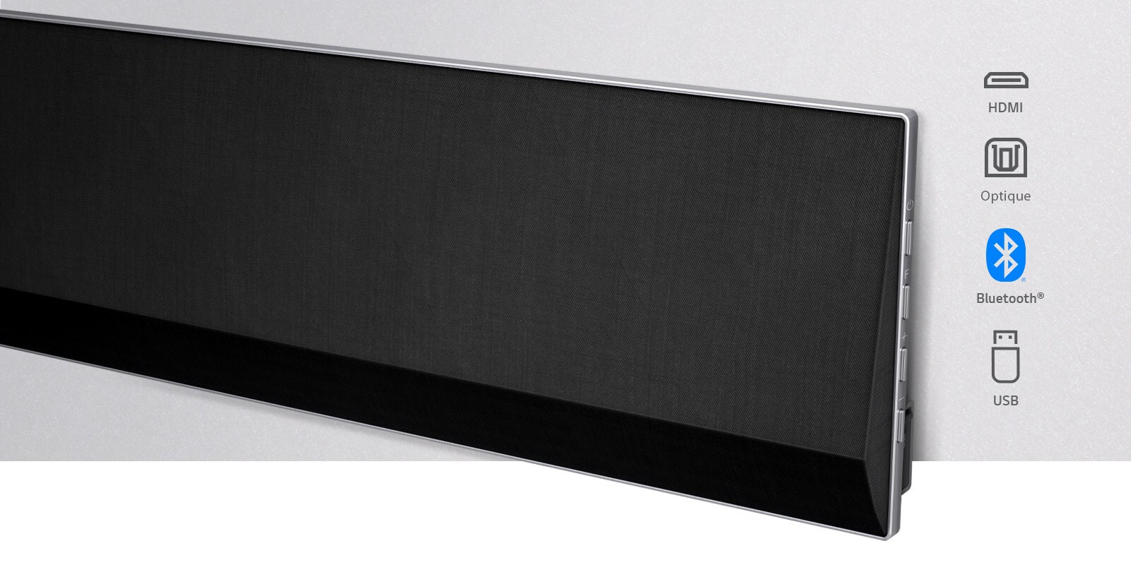 An angled close-up of the right side of LG Soundbar. Connectivity icons are shown on the right side of the product.