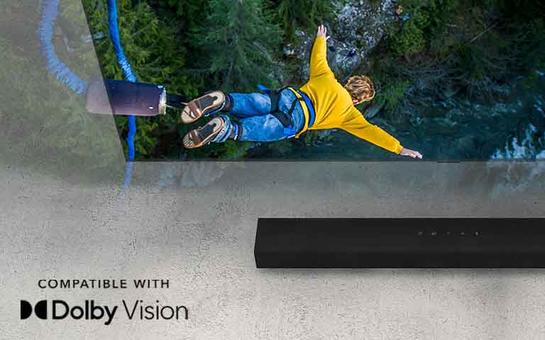 Le téléviseur LG est accroché au mur ; l’écran montre 2 couples allongés sur l’herbe. Devant eux se trouve une lampe. La barre de son LG se trouve sous le téléviseur LG. Un graphique représentant du son sort de l’avant de la barre de son. Le logo DTS Virtual:X est visible dans le coin inférieur droit de l’image.