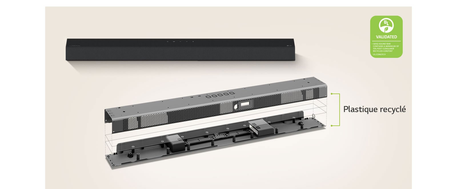 On peut voir une vue de face de la barre de son à l’arrière et une image du cadre métallique de la barre de son à l’avant.