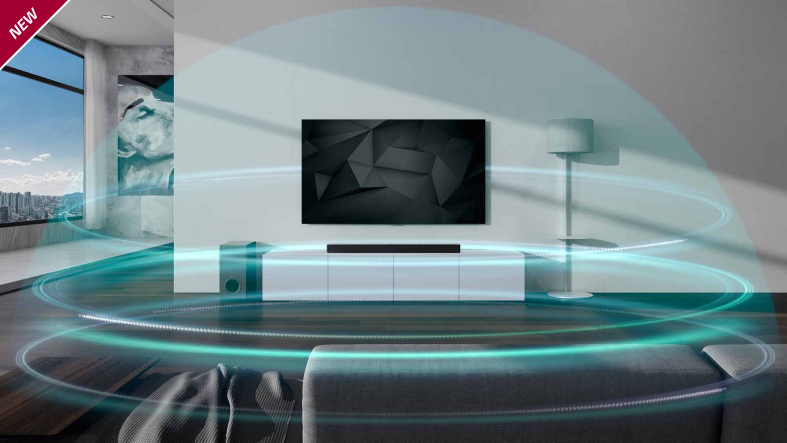 Trois couches d’ondes sonores bleues formant un dôme recouvrent la barre de son et la télévision dans le salon. La marque NEW est affichée dans le coin supérieur gauche.