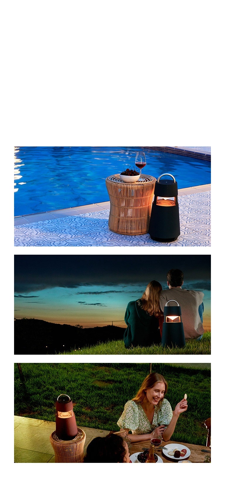 "Image de la XBOOM 360 debout émettant des lumières jaunes au bord d’une piscine extérieure. Image de la XBOOM 360 posée debout derrière une femme et un homme regardant le ciel nocturne au coucher du soleil. Image de la XBOOM 360 debout émettant des lumières jaunes sur le côté gauche arrière d’une femme qui s’amuse à la fête."