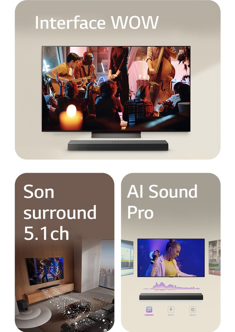 Une image de la LG Soundbar, de la télécommande LG et de la LG TV montrant l’Interface WOW à l’écran.  Une image d’une LG TV et LG Soundbar dans un salon affichant un concert. Ondes sonores blanches jaillissant de la Soundbar, tournoyant autour du canapé et dans l’espace pour illustrer le son surround. Une vue sur la ville à travers la fenêtre.  Une image de la LG Soundbar surmontée de trois écrans TV différents. Le premier diffuse un film, le deuxième un concert et le dernier diffuse un journal télévisé. Sous la Soundbar, des icônes Concert, Infos et Film sont visibles.