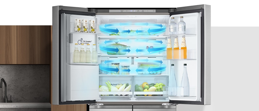 À l’intérieur du réfrigérateur rempli d’ingrédients, des flèches bleues, représentant le froid, sont affichées en-dessous, des deux côtés, et sur l’ensemble.