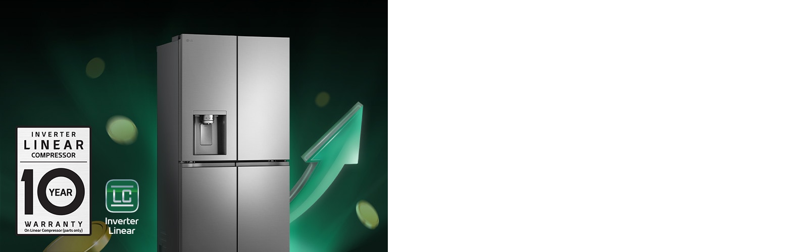 Réfrigérateur en face de flèches montantes et de pièces empilées