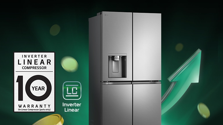 Réfrigérateur en face de flèches montantes et de pièces empilées