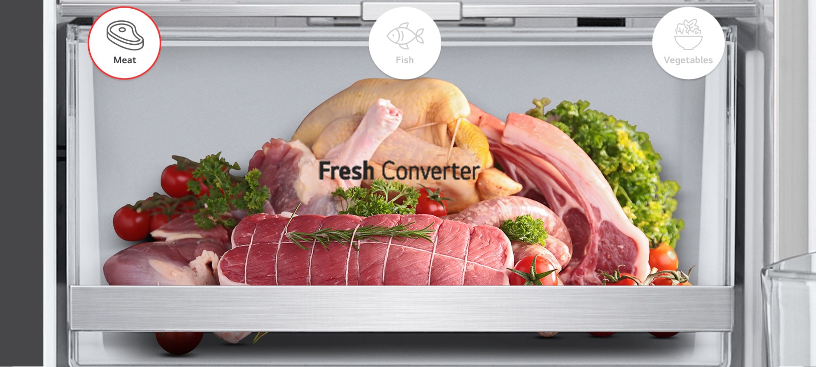 L’intérieur du réfrigérateur montre 3 types d’aliments qui peuvent être conservés avec les icônes Viande, Poisson et Légumes.