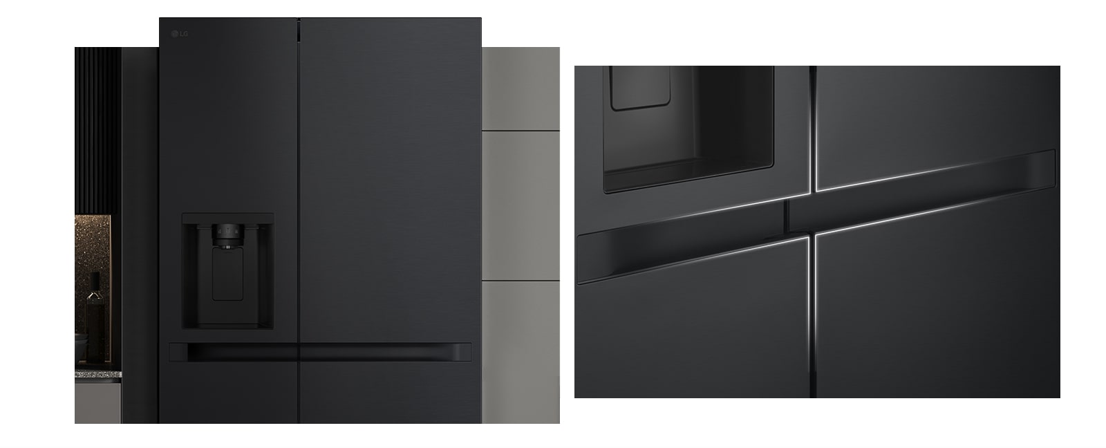 Le réfrigérateur est installé dans une cuisine noire et luxueuse qui souligne l’élégance de son design.