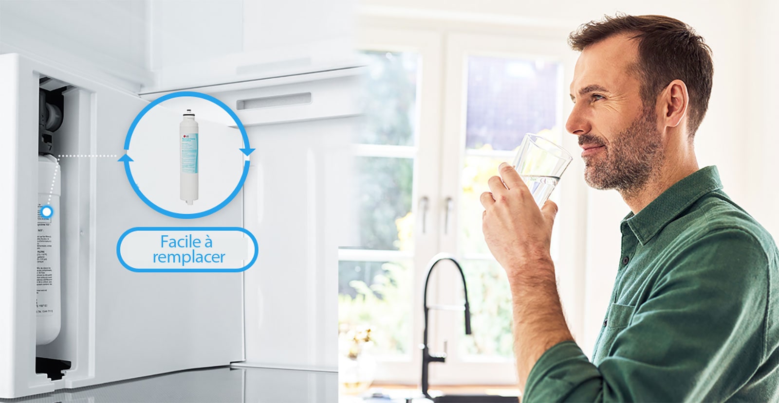 Les deux cartes séparées montrent des filtres modifiables de façon spontanée sur le côté gauche, avec un homme qui boit l’eau fraîche sur le côté droit.