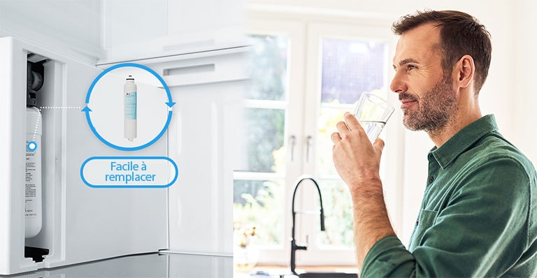 Les deux cartes séparées montrent des filtres modifiables de façon spontanée sur le côté gauche, avec un homme qui boit l’eau fraîche sur le côté droit.