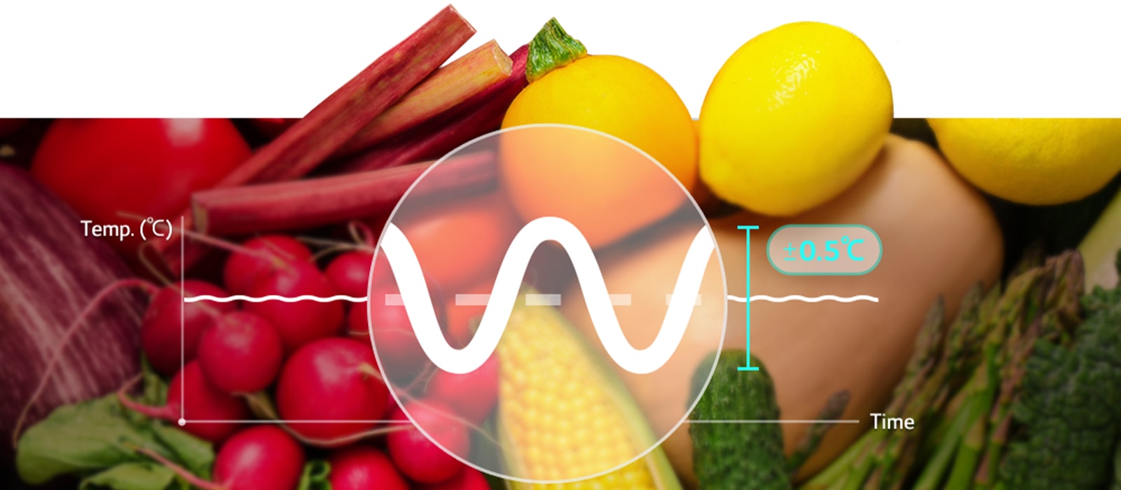 On voit un graphique au-dessus de divers légumes. Ce graphique affiche la température, et il n’y a pas de déviation, ce qui indique que LG Linear Cooling peut réduire la différence de température des réfrigérateurs.