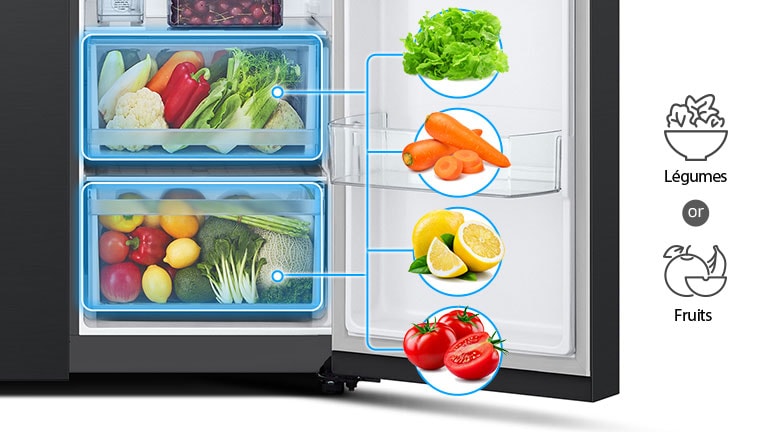 Les 2 paniers sous le réfrigérateur peuvent stocker environ 2 sortes d’aliments : les légumes et les fruits