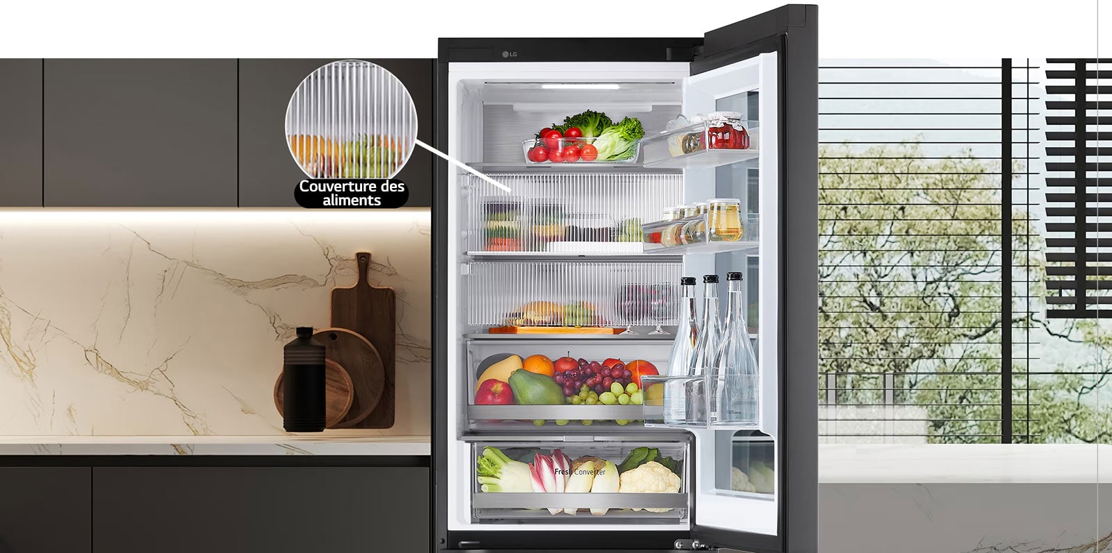 Zone couverture des aliments à l’intérieur du réfrigérateur.