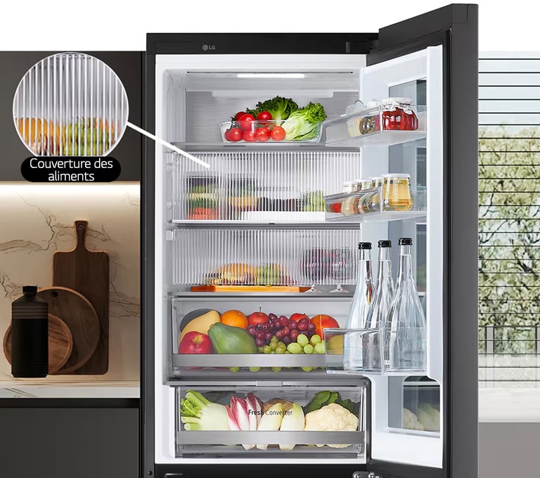 Zone couverture des aliments à l’intérieur du réfrigérateur.