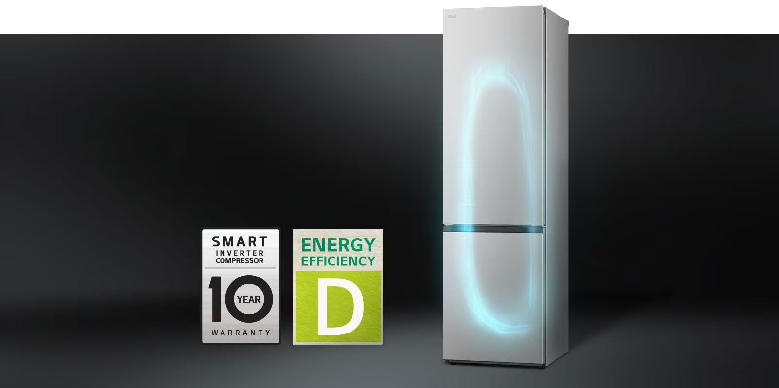 Réfrigérateur avec système de refroidissement efficace équipé d’un smart inverter compressor et avec une étiquette de garantie de 10 ans sur le compresseur.