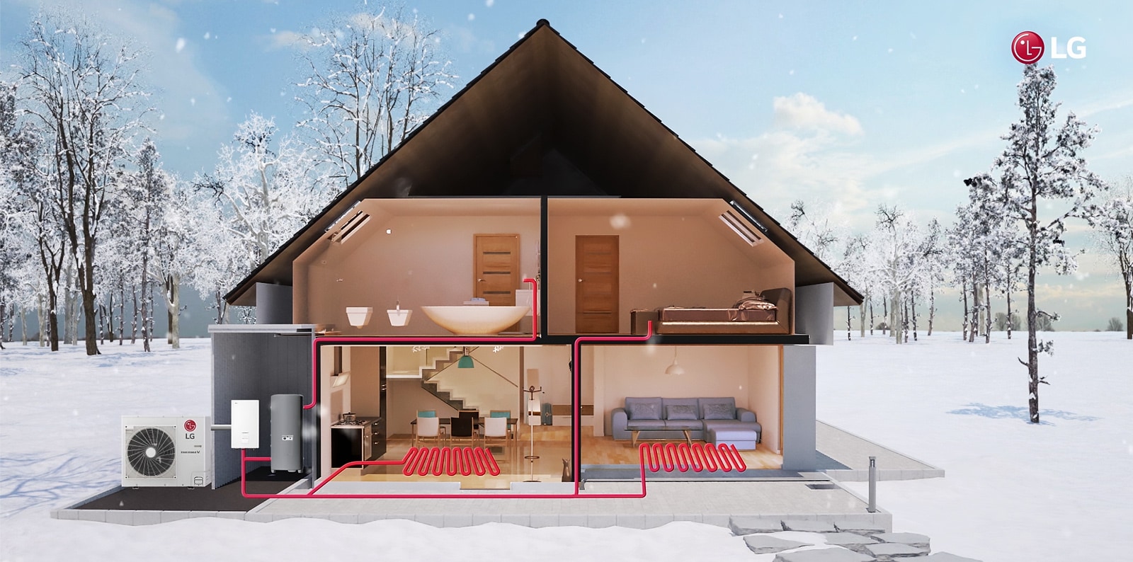 Vous pouvez voir l’intérieur d’une maison placée dans un décor enneigé