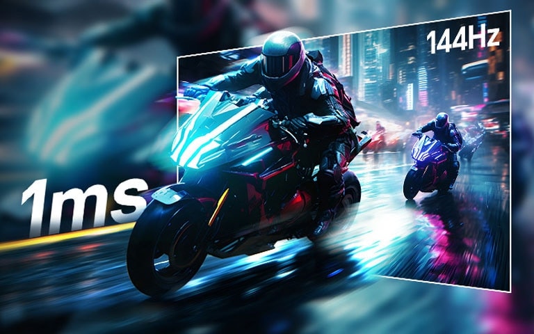 Scène d’un jeu de course avec un temps de réponse extrêmement rapide de 1ms (GtG) et un taux de rafraîchissement de 144Hz.