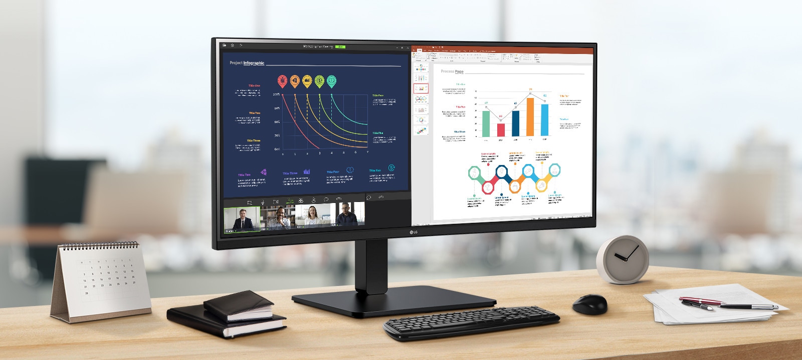 Un écran WQHD IPS est sur le bureau, diffusant une vidéoconférence et plusieurs graphiques à l’écran.