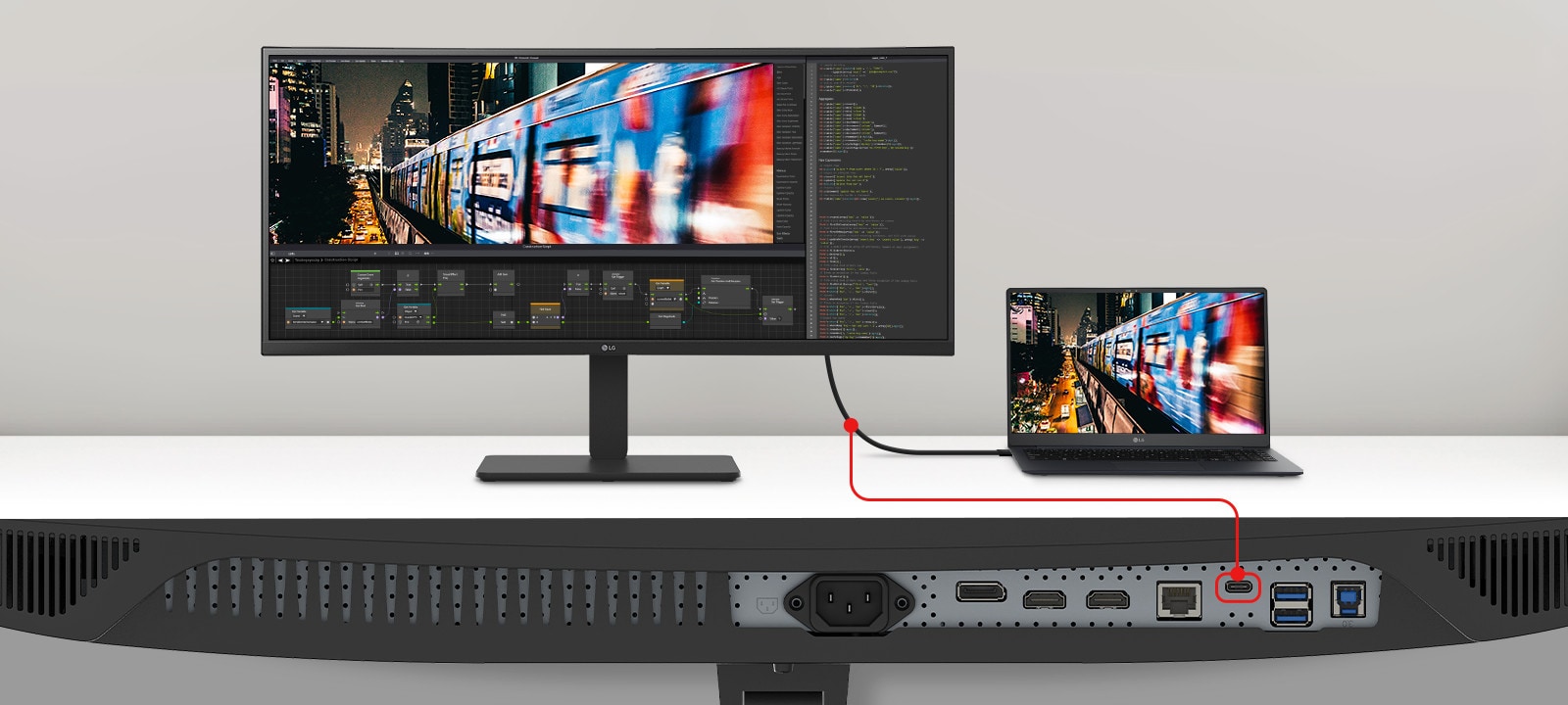 Une image d’un ordinateur portable et d’un moniteur connectés par un câble USB Type-C unique.