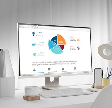 Sur la table, un moniteur intelligent affiche un document en cours de développement. Une tasse se trouve sur la gauche du moniteur, alors qu’un téléphone portable, un porte-crayon et un support sont sur sa droite.