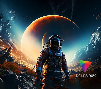 L’écran contient plusieurs couleurs UHD 4K et un logo DCI-P3 90% est visible dans le coin inférieur droit.