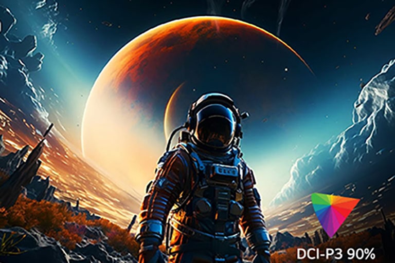 L’écran contient plusieurs couleurs UHD 4K et un logo DCI-P3 90% est visible dans le coin inférieur droit.