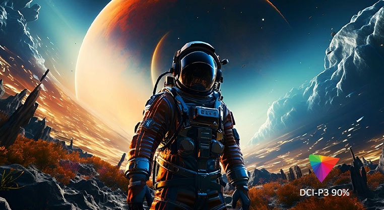L’écran contient plusieurs couleurs UHD 4K et un logo DCI-P3 90% est visible dans le coin inférieur droit.