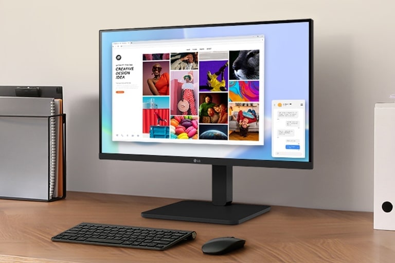 Un espace de travail sur un bureau avec un moniteur et un porte-documents.
