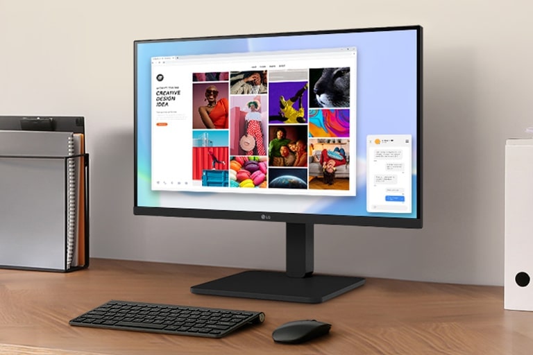 Un espace de travail sur un bureau avec un moniteur et un porte-documents.