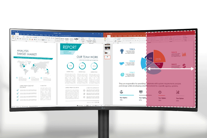 L'écran WQHD (résolution 3440x1440, rapport d’aspect 21:9) permet d'afficher différents programmes à la fois.