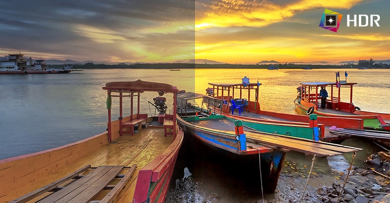 HDR, prenant en charge des niveaux spécifiques de couleur et de luminosité par rapport à SDR, avec des couleurs spectaculaires du contenu.