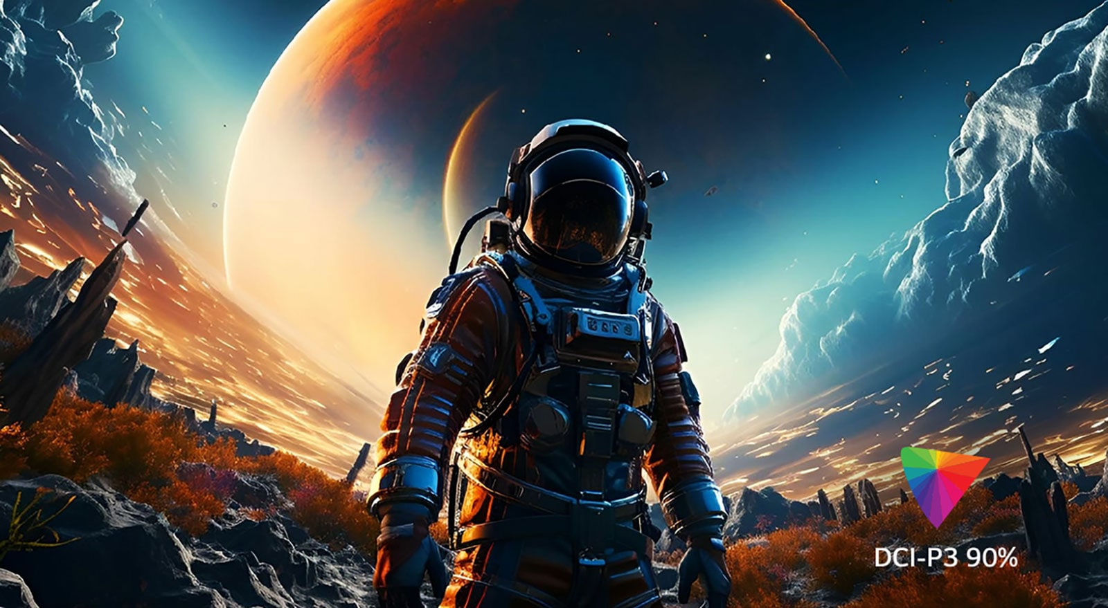 L’écran contient plusieurs couleurs UHD 4K et un logo DCI-P3 90% est visible dans le coin inférieur droit.