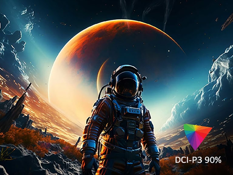 L’écran contient plusieurs couleurs UHD 4K et un logo DCI-P3 90% est visible dans le coin inférieur droit.