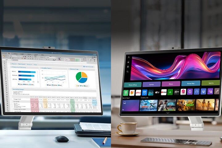 Sur l’image de gauche, un LG Smart Monitor Swing dans un bureau affiche plusieurs graphiques, tandis que sur celle de droite, un LG Smart Monitor Swing à la maison diffuse un film.